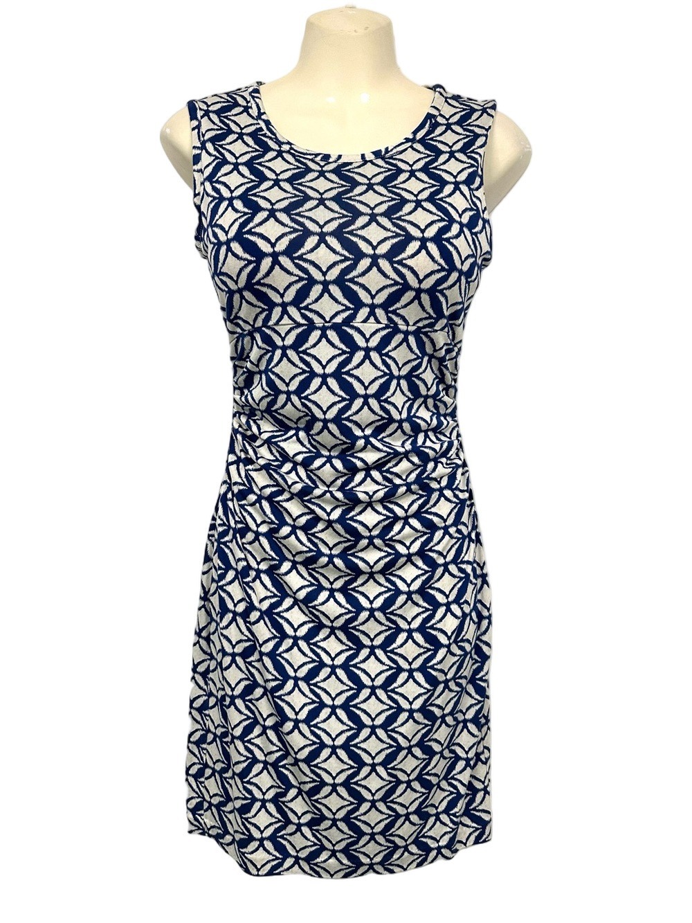 DVF Silk Ruched Print Dress Navy White Size 2 Sleeveless Bodycon office Career